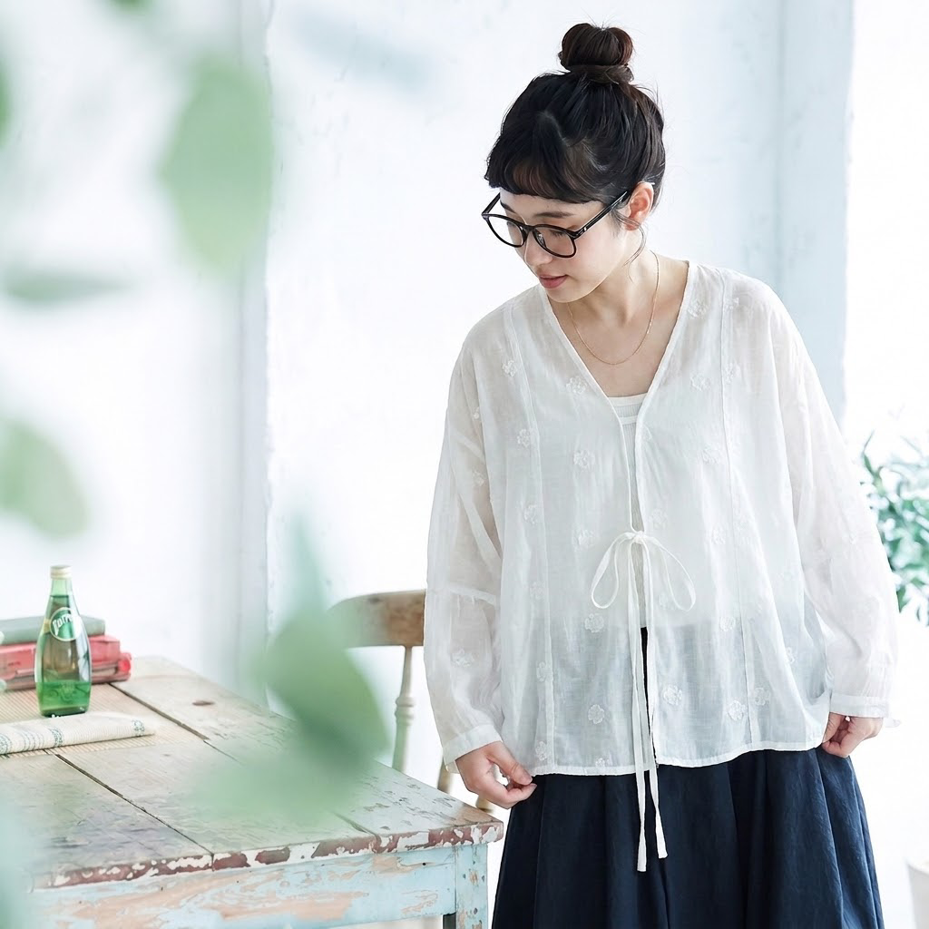 L-2XL Vネック ビックシルエット 刺繍 レトロ 長袖 カーディガン 2XL ホワイト