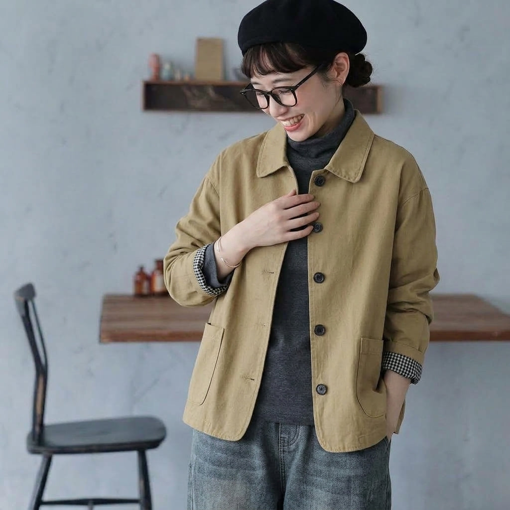 L-2XL 折り襟 カジュアル 軽やか シンプル ジャケット 2XL カーキ