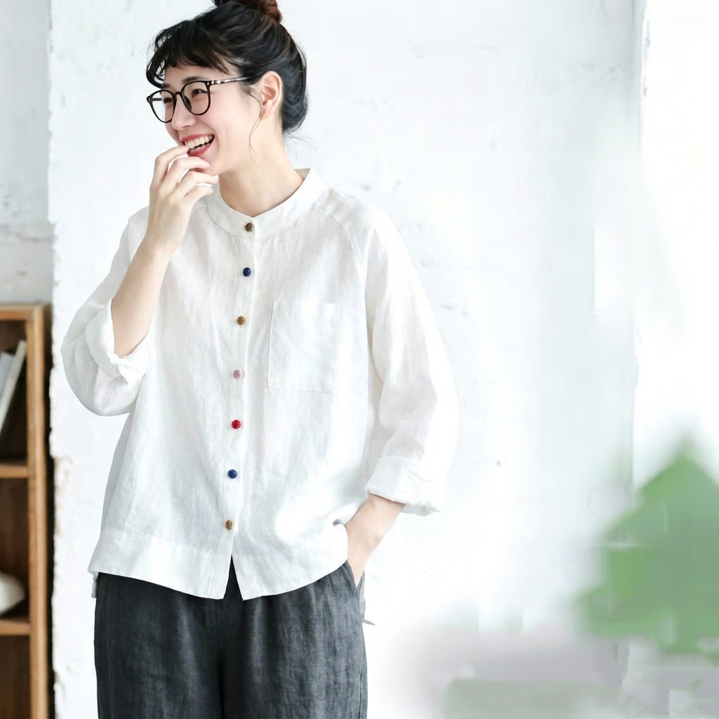 M-2XL 綿麻 長袖 スタンドネック ノーマルスリーブ ボタン 無地 シンプル シャツ M コーヒー
