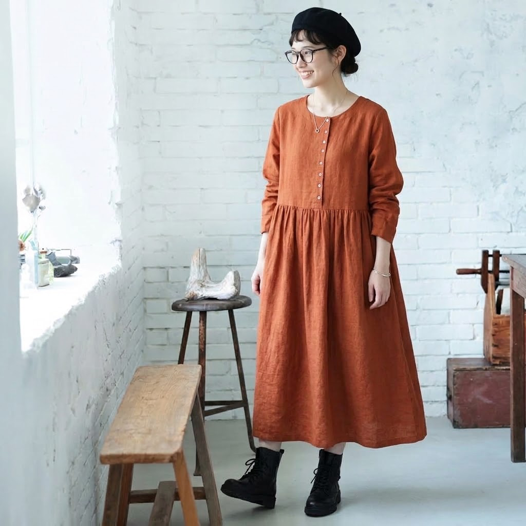 M-2XL キレイ見え コットン 柔らかい ナチュラル 長袖 ワンピース M 写真通り