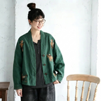 M-3XL 綿麻 柔らかい肌触り 刺繍 ボタン レトロ カーディガン M ナチュラル