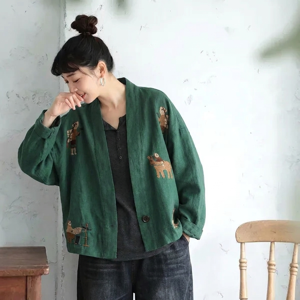 M-3XL 綿麻 柔らかい肌触り 刺繍 ボタン レトロ カーディガン M ナチュラル