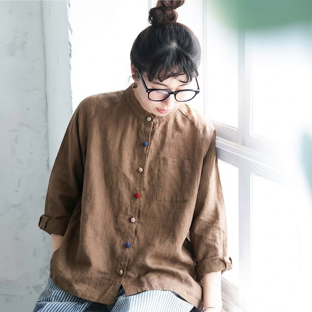 M-2XL 綿麻 長袖 スタンドネック ノーマルスリーブ ボタン 無地 シンプル シャツ 2XL コーヒー