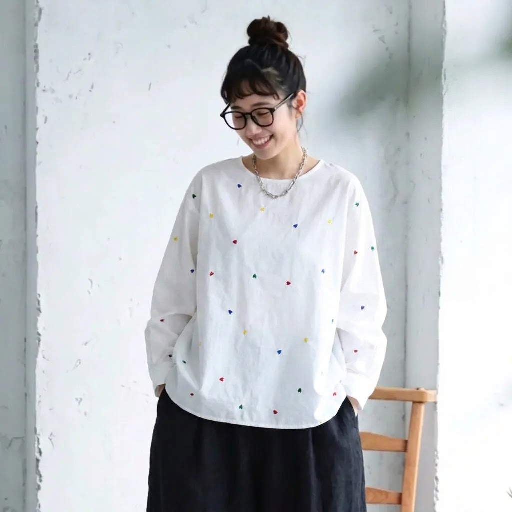 M-4XL 長く着られる 刺繍 体型カバー きれいめ ロングスリーブ  シャツ M ホワイト