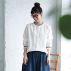ML スタンドカラー 刺繍 ロングスリーブ アウターにも使える シャツ M ホワイト