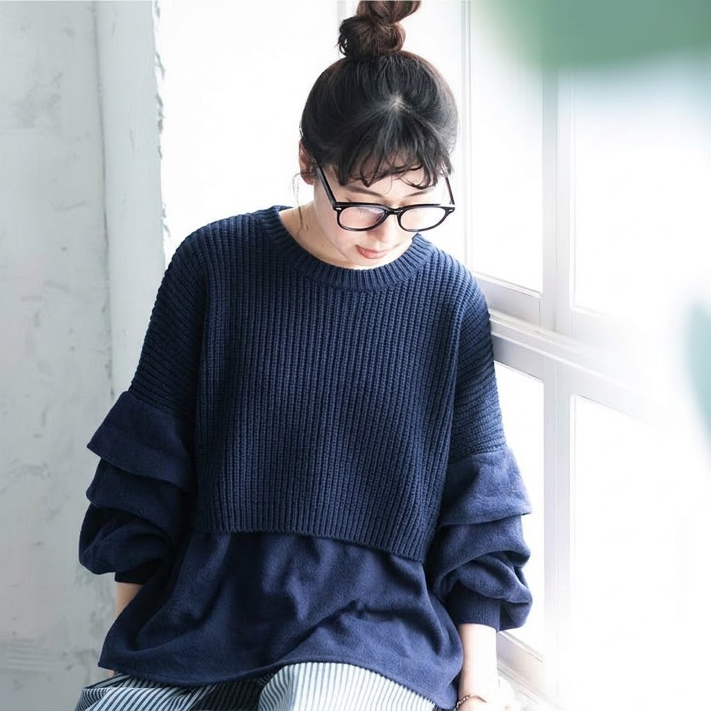S-L 一枚で完成するふんわりニット L ネイビー