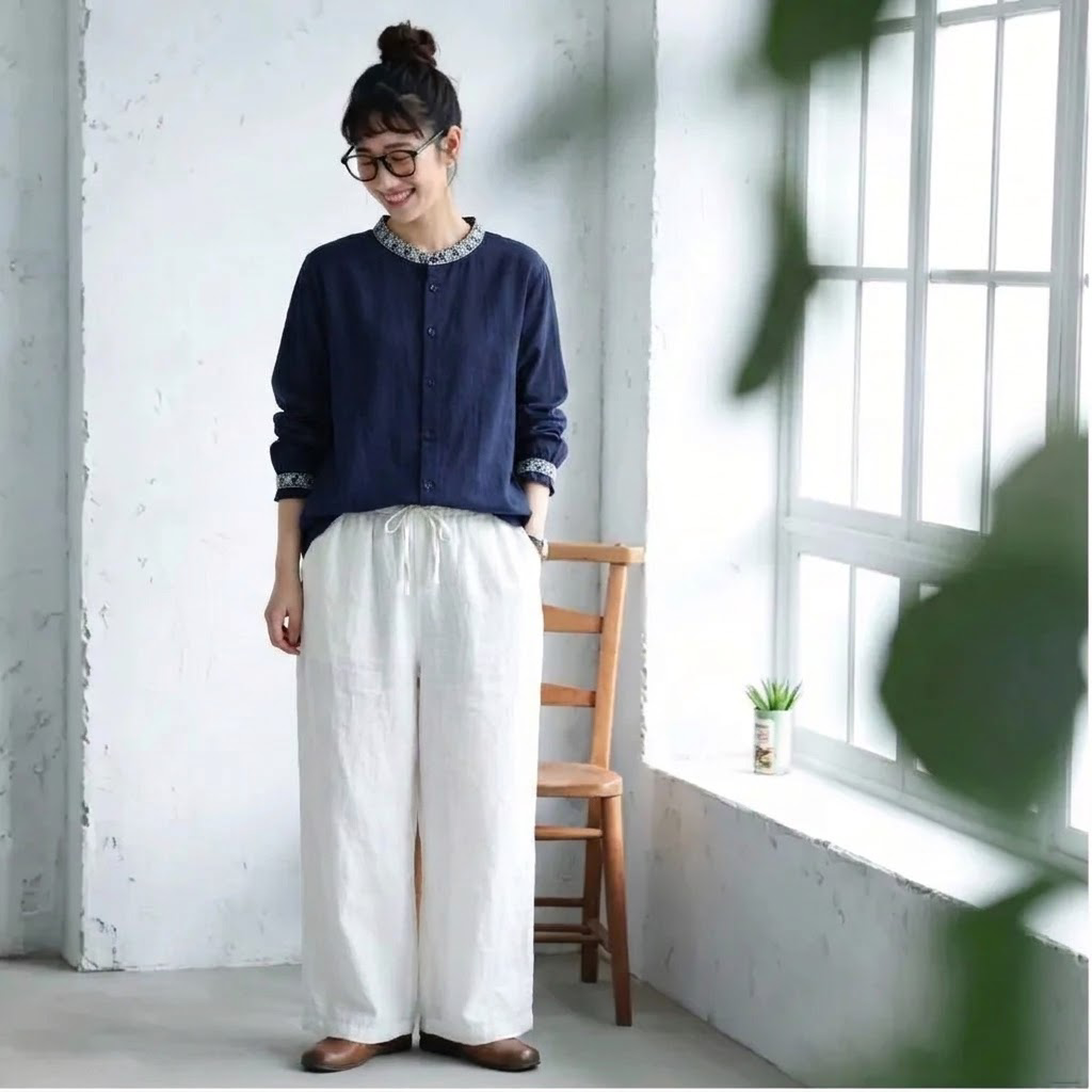 ML スタンドカラー 刺繍 ロングスリーブ アウターにも使える シャツ M ホワイト
