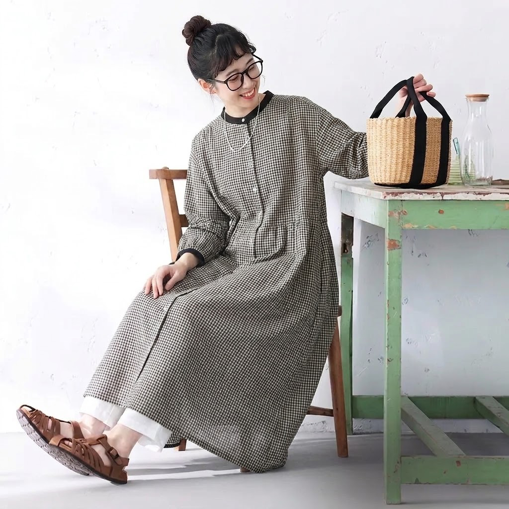 【コットン】M-2XL 長く着られる シンプル チェック柄 長袖 ワンピース M 写真通り