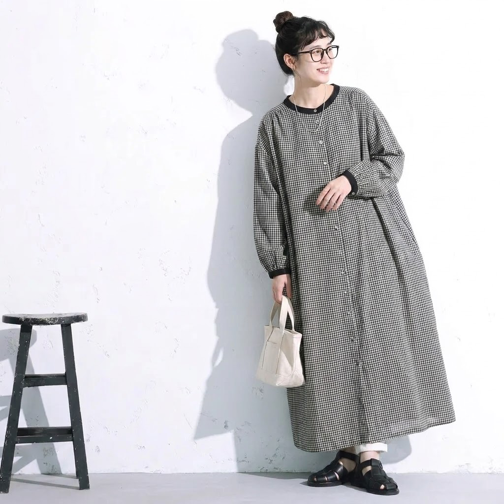 【コットン】M-2XL 長く着られる シンプル チェック柄 長袖 ワンピース M 写真通り