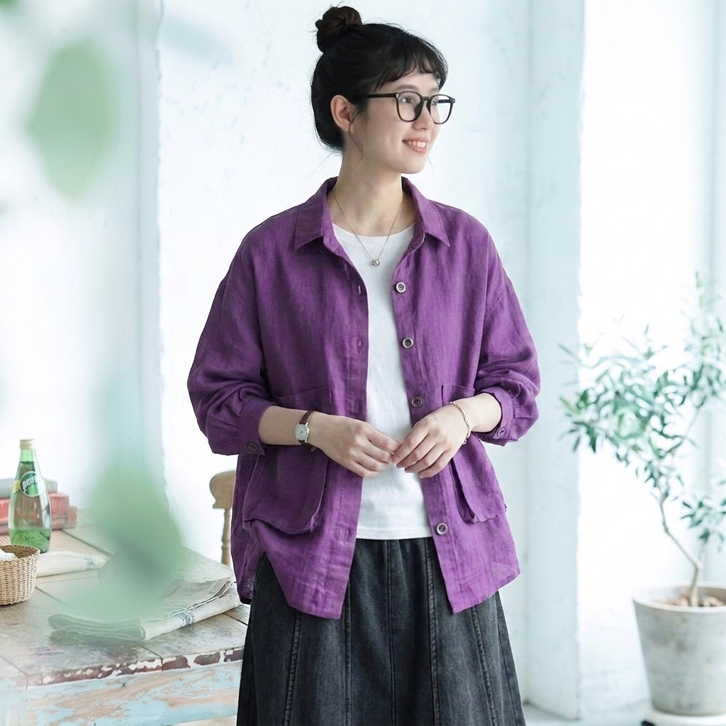 【コットン】2XL-5XL  無地 ポケット付き ボタン 長袖 カジュアル シャツ 2XL ホワイト