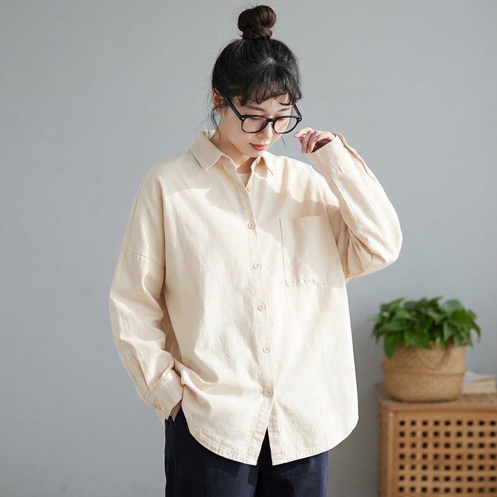 M-2XL きれいめ 厚手仕様 ゆったり 体型カバー ロングスリーブ シャツ 2XL アプリコット