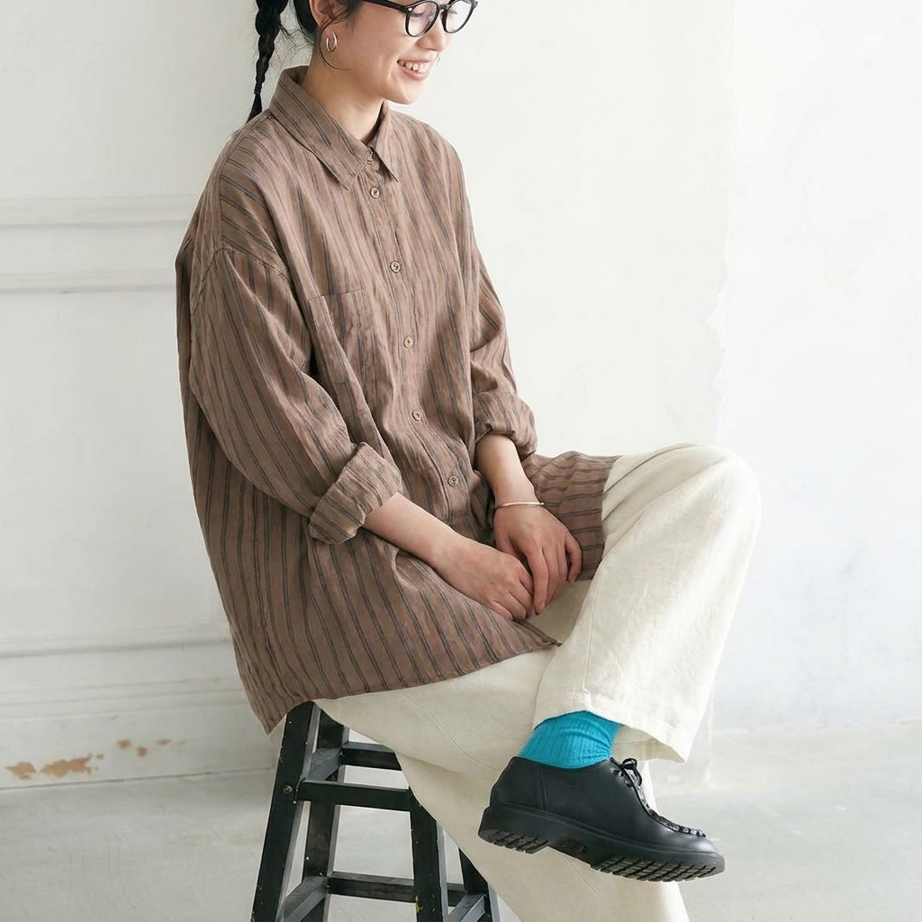 L-2XL  コットン ストライプ柄 シャツ L ベージュ
