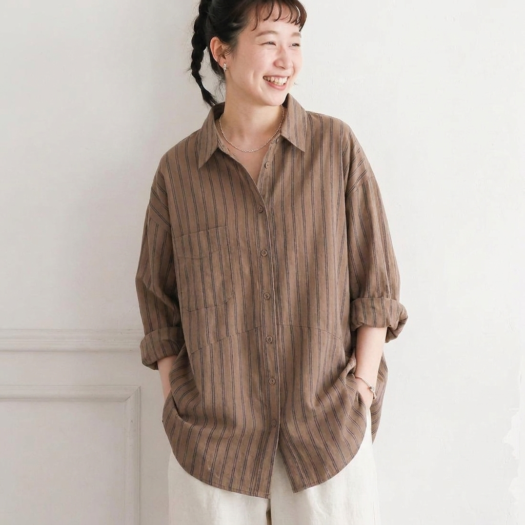 L-2XL  コットン ストライプ柄 シャツ L ベージュ