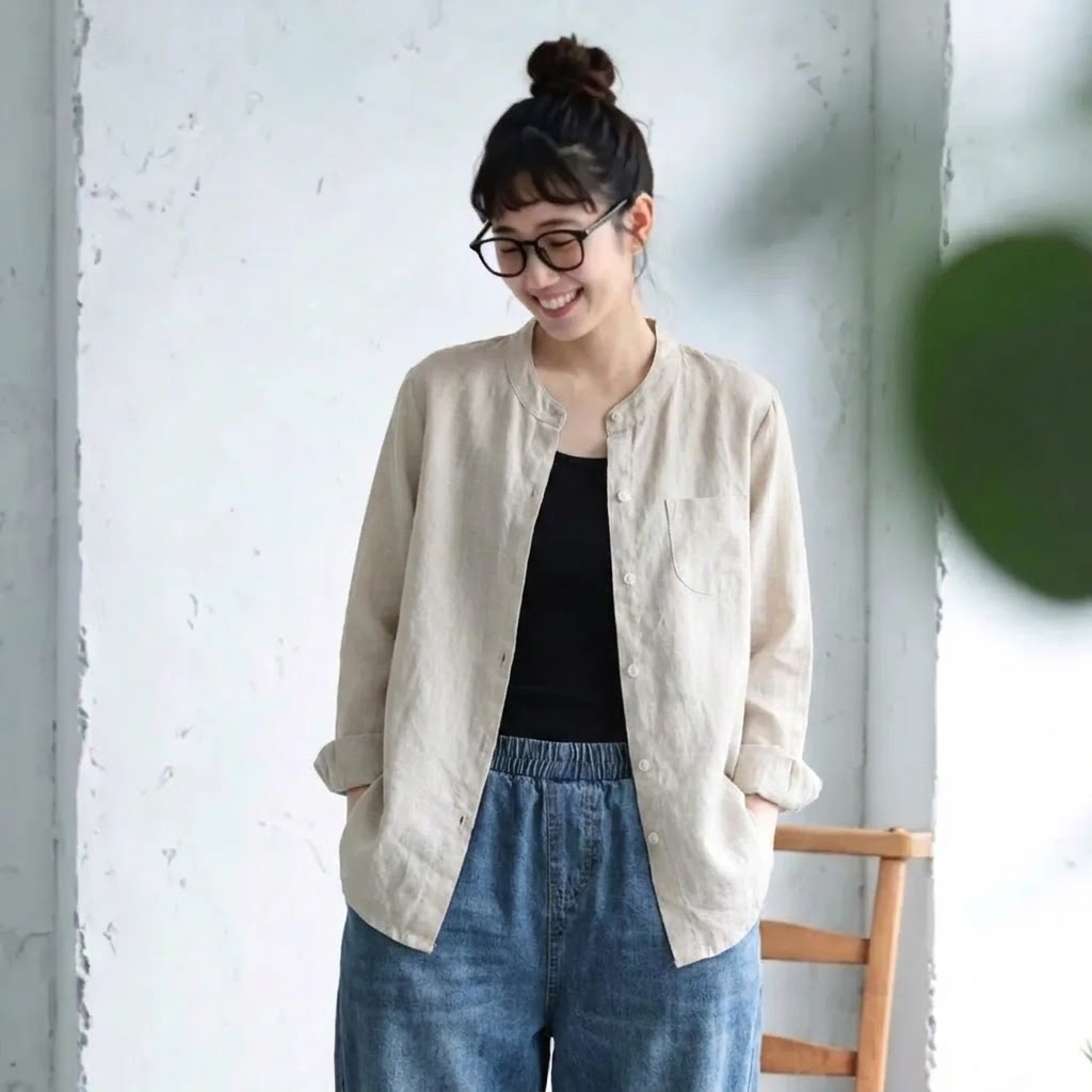 M-4XL 秋のひととき綿麻ブラウス 4XL ベージュ