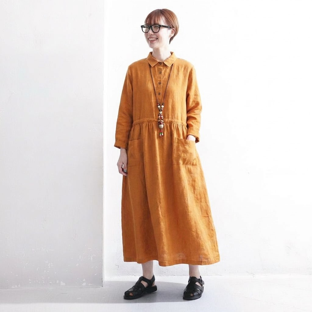 M-2XL 襟付き ゆったり ミディアム丈 長く着られる シャツワンピース 2XL オレンジ