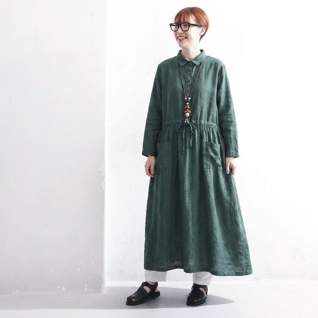 M-2XL 襟付き ゆったり ミディアム丈 長く着られる シャツワンピース 2XL グリーン