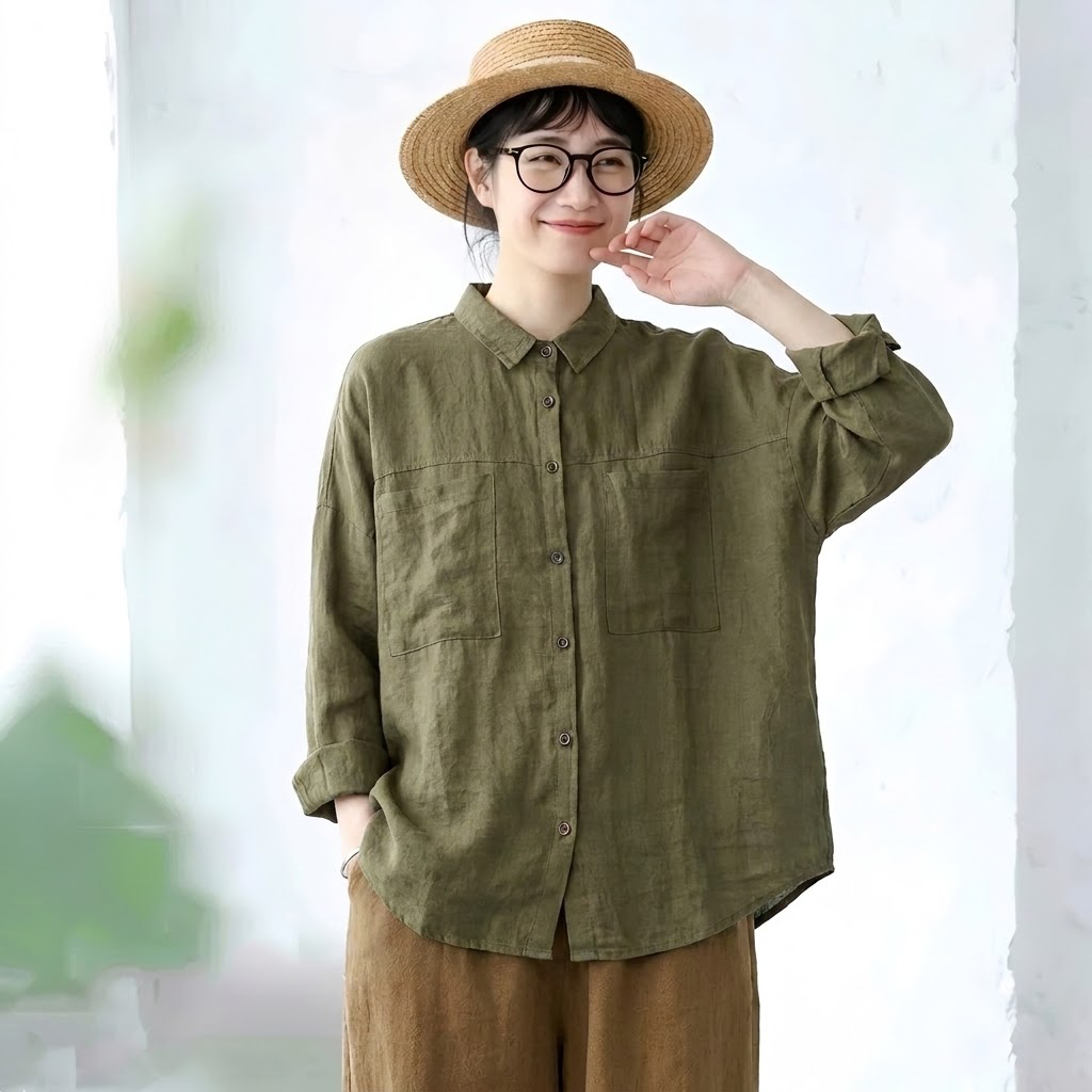 M-2XL 長く着られる 落ち着いたカラー きれいめ シャツ M オリーブ