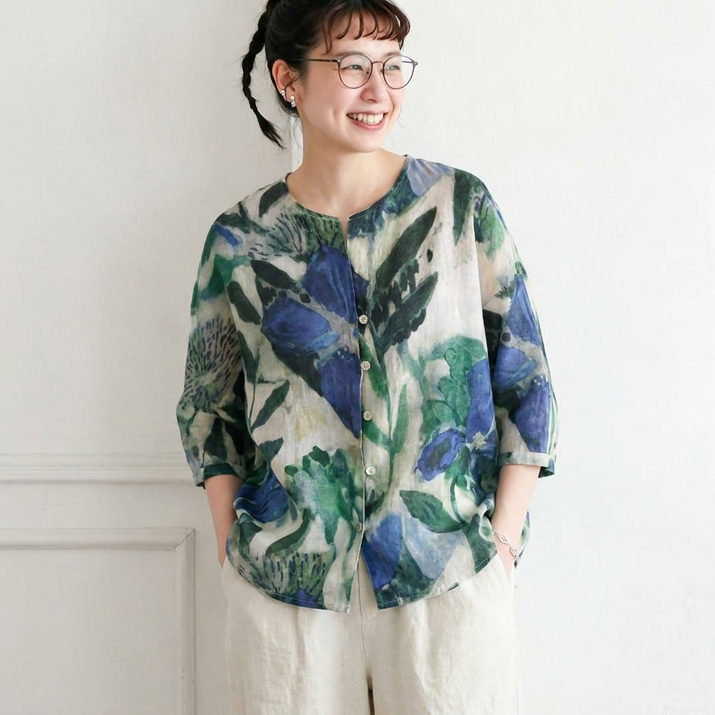 M-2XL リネン風UV対策シャツ レディース 長袖 ぼかし柄 ゆったり 羽織り ナチュラルコーデ 夏秋兼用シャツ M グリーン