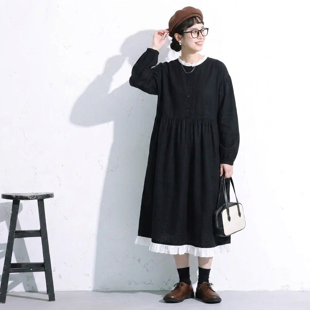 S-XL 無地 切り替え 長袖 シンプル 可愛くて繊細な長袖ワンピース S アイボリー