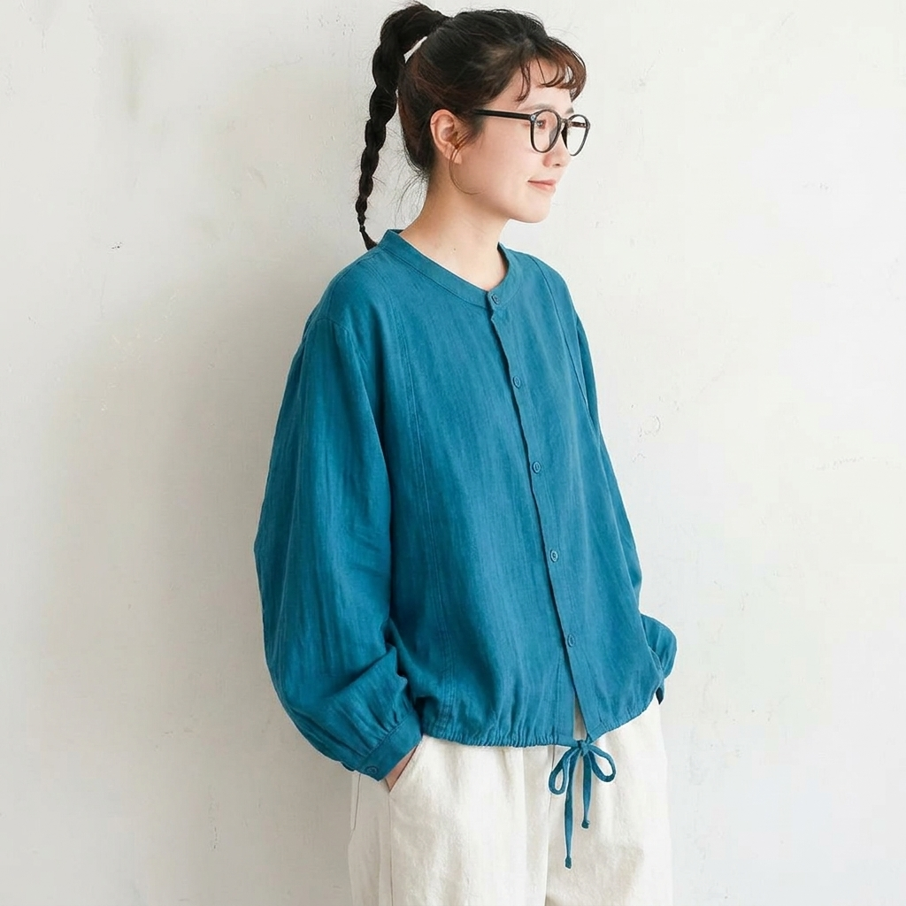 F コットン シングルブレスト ラウンドネック シャツ フリー ブルー