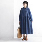 M-2XL デニム シャツカラー プリーツ ダブルボタン ゆったり シーズン移行向け 長袖 ワンピース 2XL ネイビー