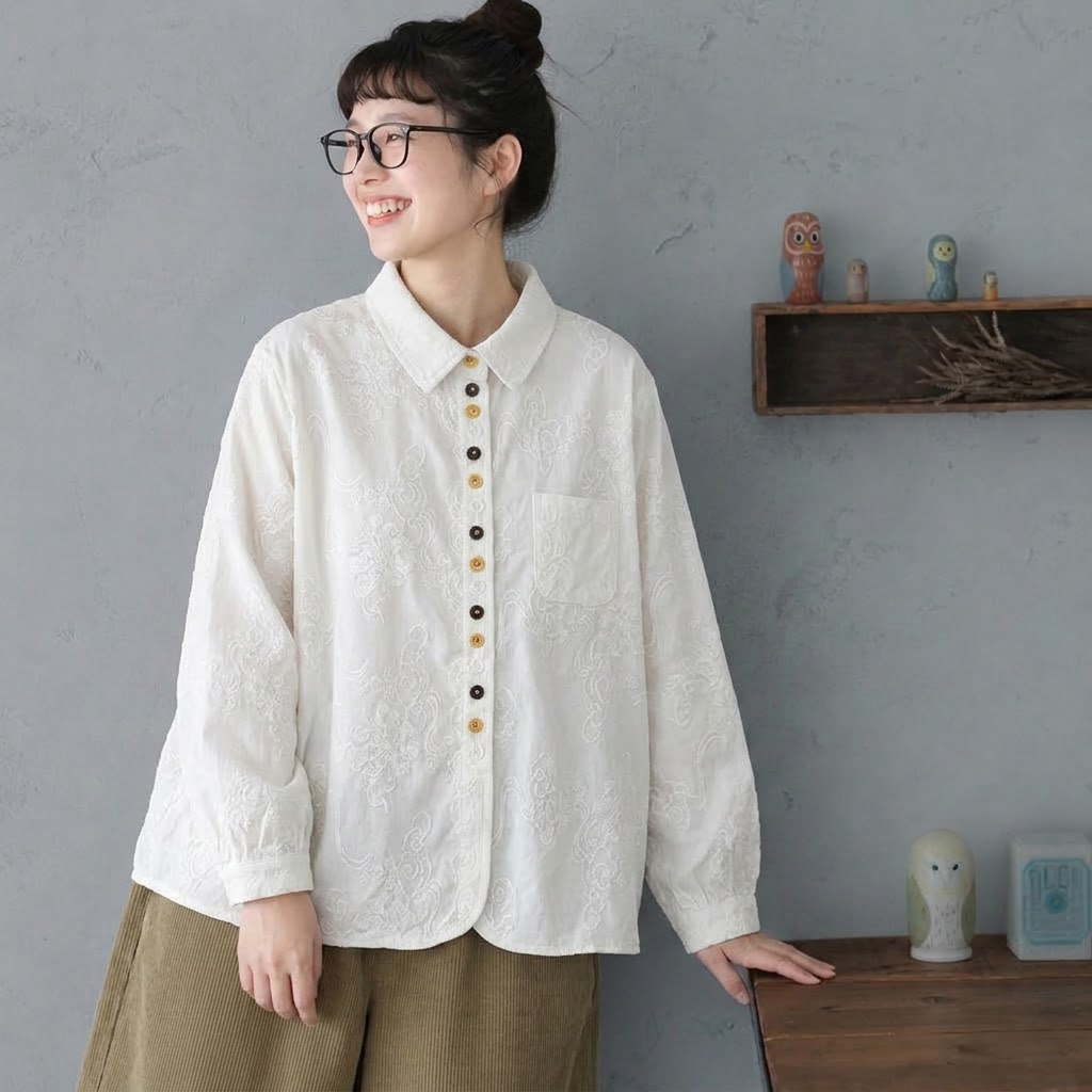 M-2XL コットン 刺繍 落ち着いたカラー 長く着られる 長袖 シャツ 2XL ライトベージュ
