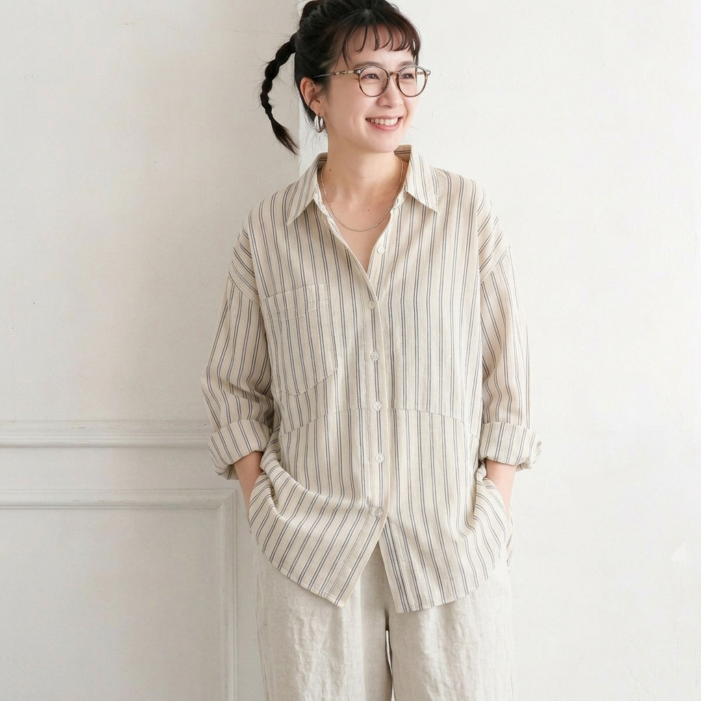 L-2XL  コットン ストライプ柄 シャツ L ベージュ