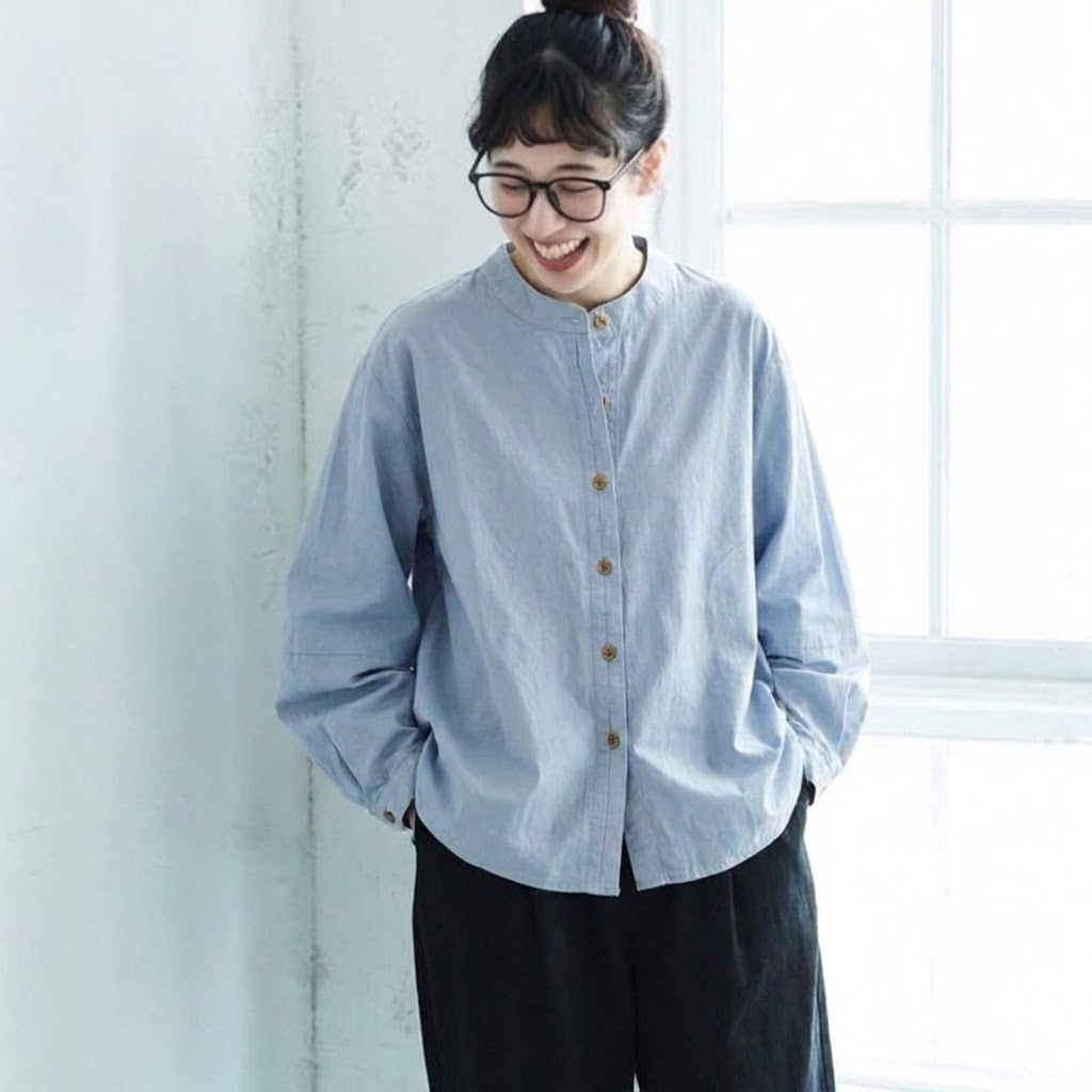 S-2XL スタンドカラー ダブル前立て ゆったり 季節の変わり目 シャツ 2XL ライトブルー