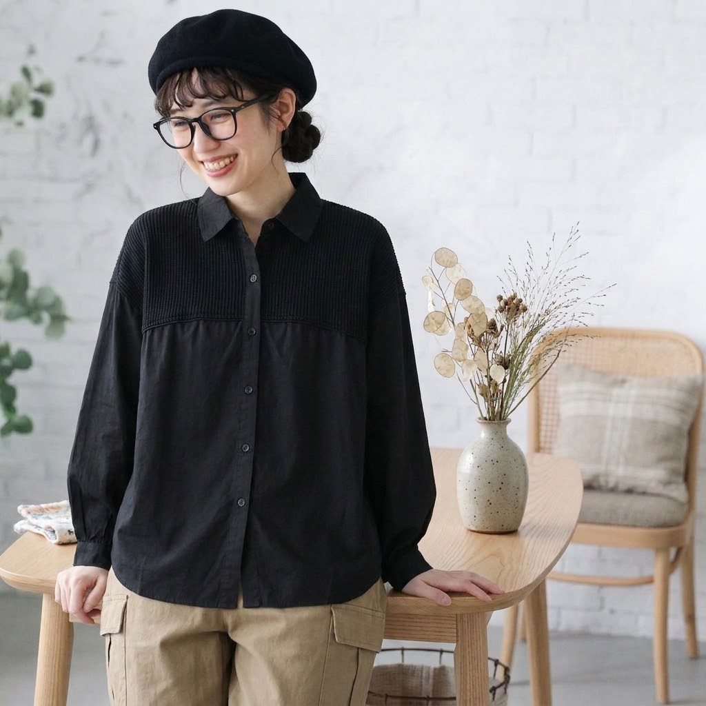 S-3XL 無地 落ち肩スリーブ 長袖 シャツ袖 切り替え シンプル シャツ 3XL ブラック