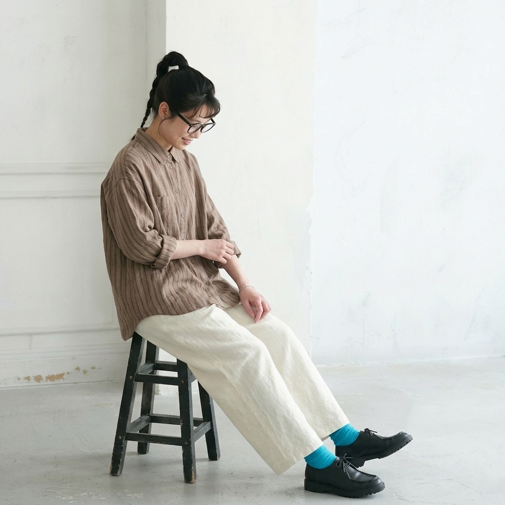 L-2XL  コットン ストライプ柄 シャツ L ベージュ