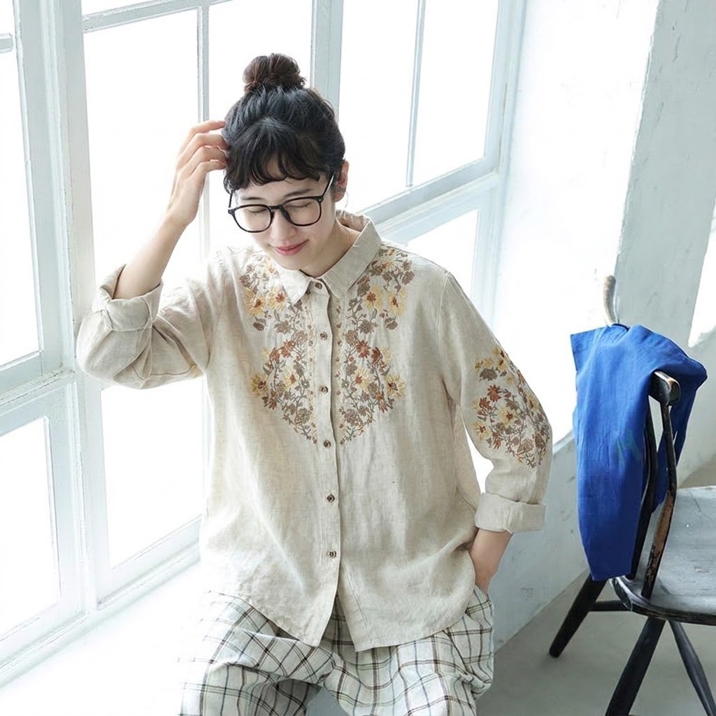 M-3XL レトロ 刺繍 ゆったり 大人向け 秋色 ロングスリーブ シャツ M カーキ