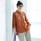 M-3XL レトロ 刺繍 ゆったり 大人向け 秋色 ロングスリーブ シャツ M カーキ