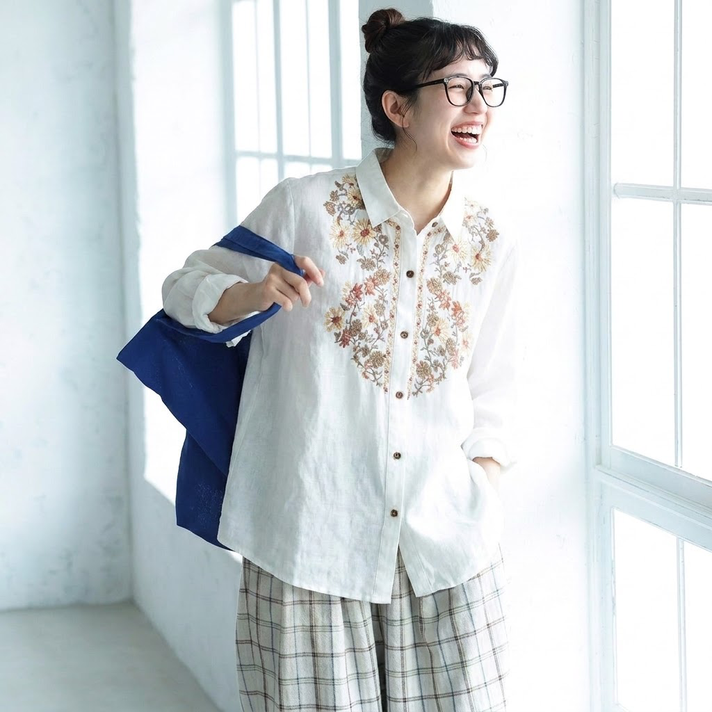 M-3XL レトロ 刺繍 ゆったり 大人向け 秋色 ロングスリーブ シャツ M カーキ