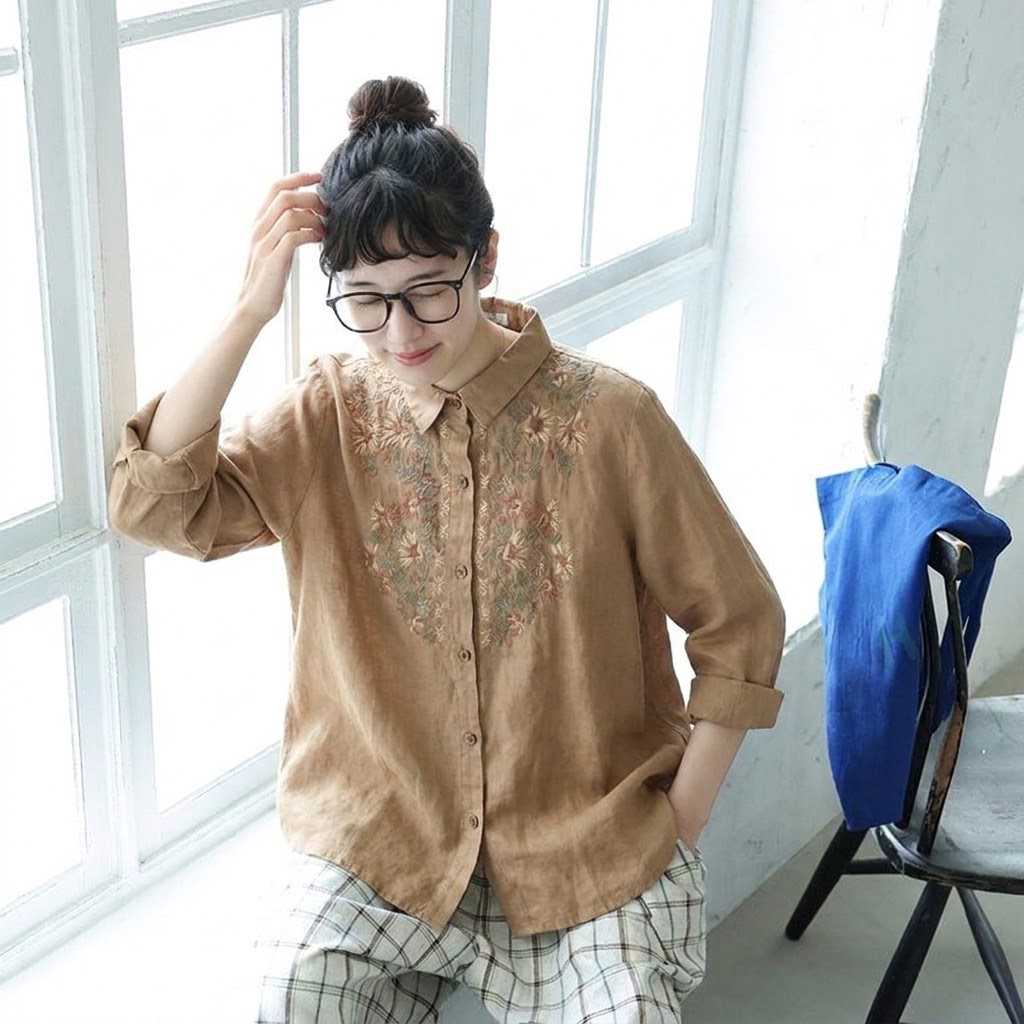 M-3XL レトロ 刺繍 ゆったり 大人向け 秋色 ロングスリーブ シャツ M カーキ