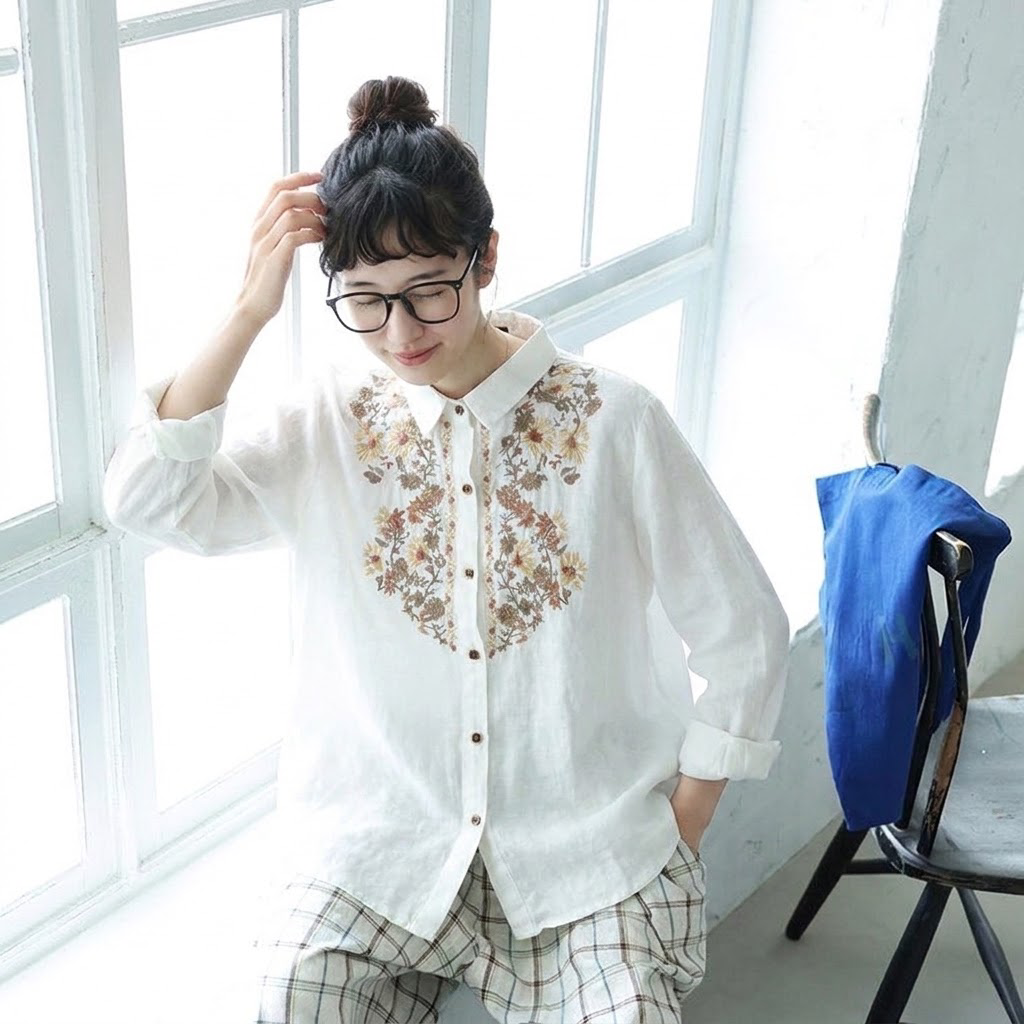 M-3XL レトロ 刺繍 ゆったり 大人向け 秋色 ロングスリーブ シャツ 3XL ホワイト