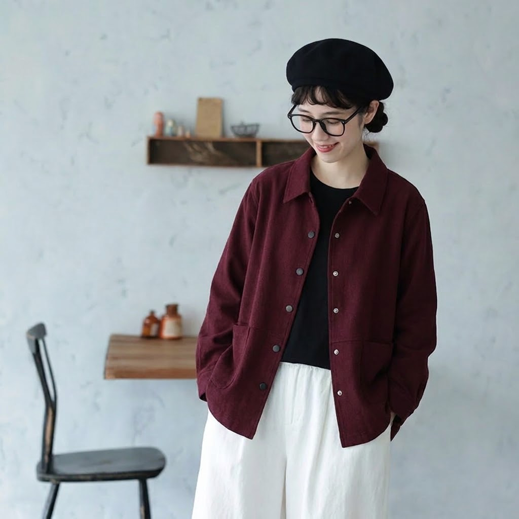 M-2XL レトロ カジュアル スクエアポケット  大人向け 長袖ジャケット 2XL ワインレッド