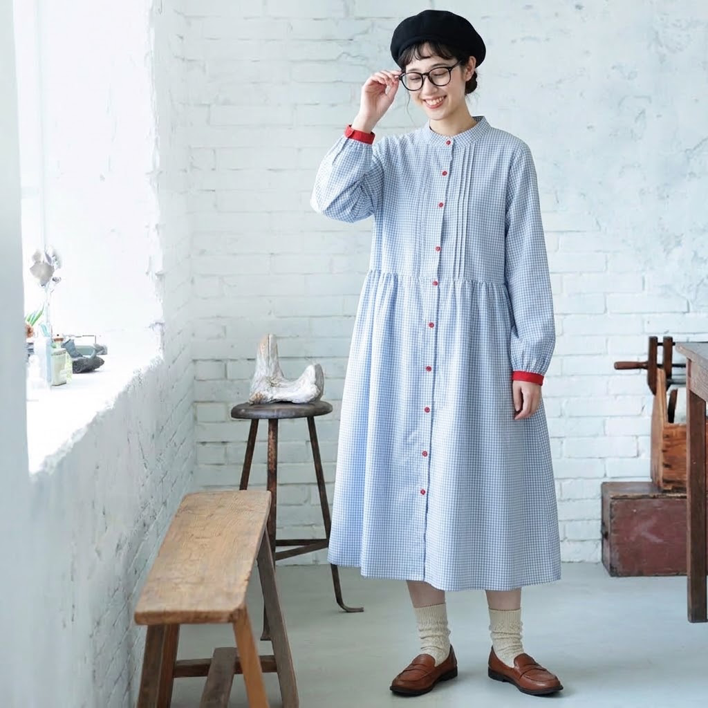 M-2XL チェック柄 大人のナチュラル 着回し 軽やか ロングワンピース M ブルー