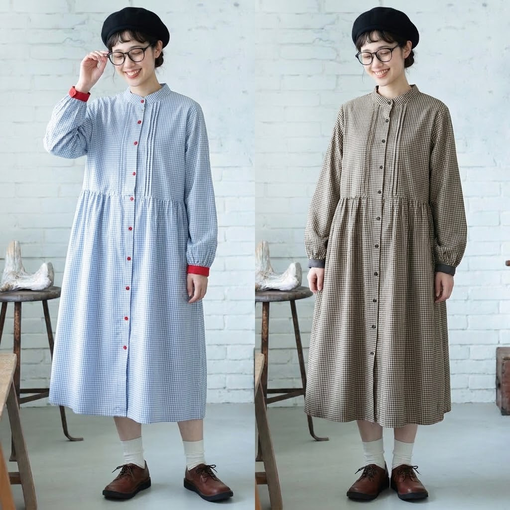 M-2XL チェック柄 大人のナチュラル 着回し 軽やか ロングワンピース M ブルー