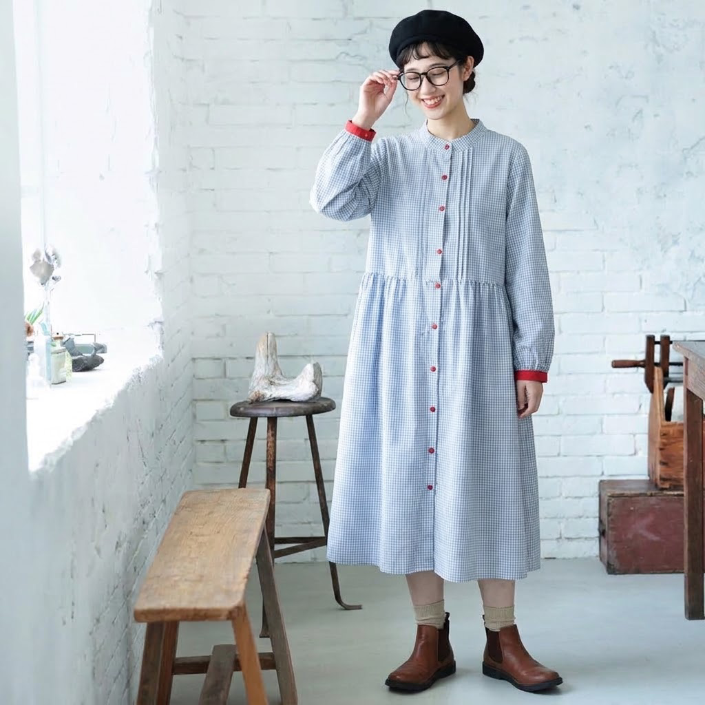 M-2XL チェック柄 大人のナチュラル 着回し 軽やか ロングワンピース M ブルー