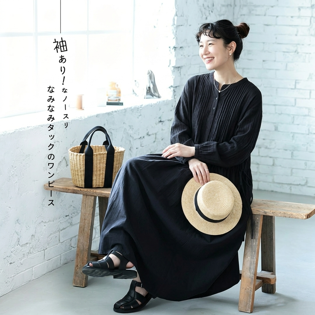 無地 ランタンスリーブ ワンピ F ブラック
