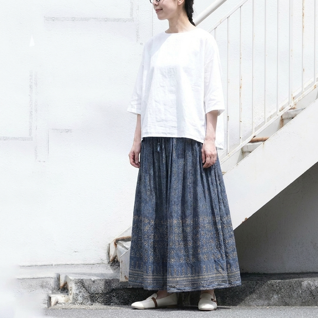 M-2XL プリント Aライン スカート M ブルー