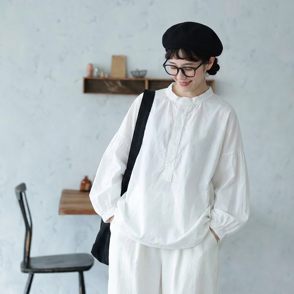 M-2XL 長袖 ゆったり ハーフボタンブラウス M ダークグレー
