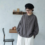 M-2XL 長袖 ゆったり ハーフボタンブラウス 2XL ダークグレー