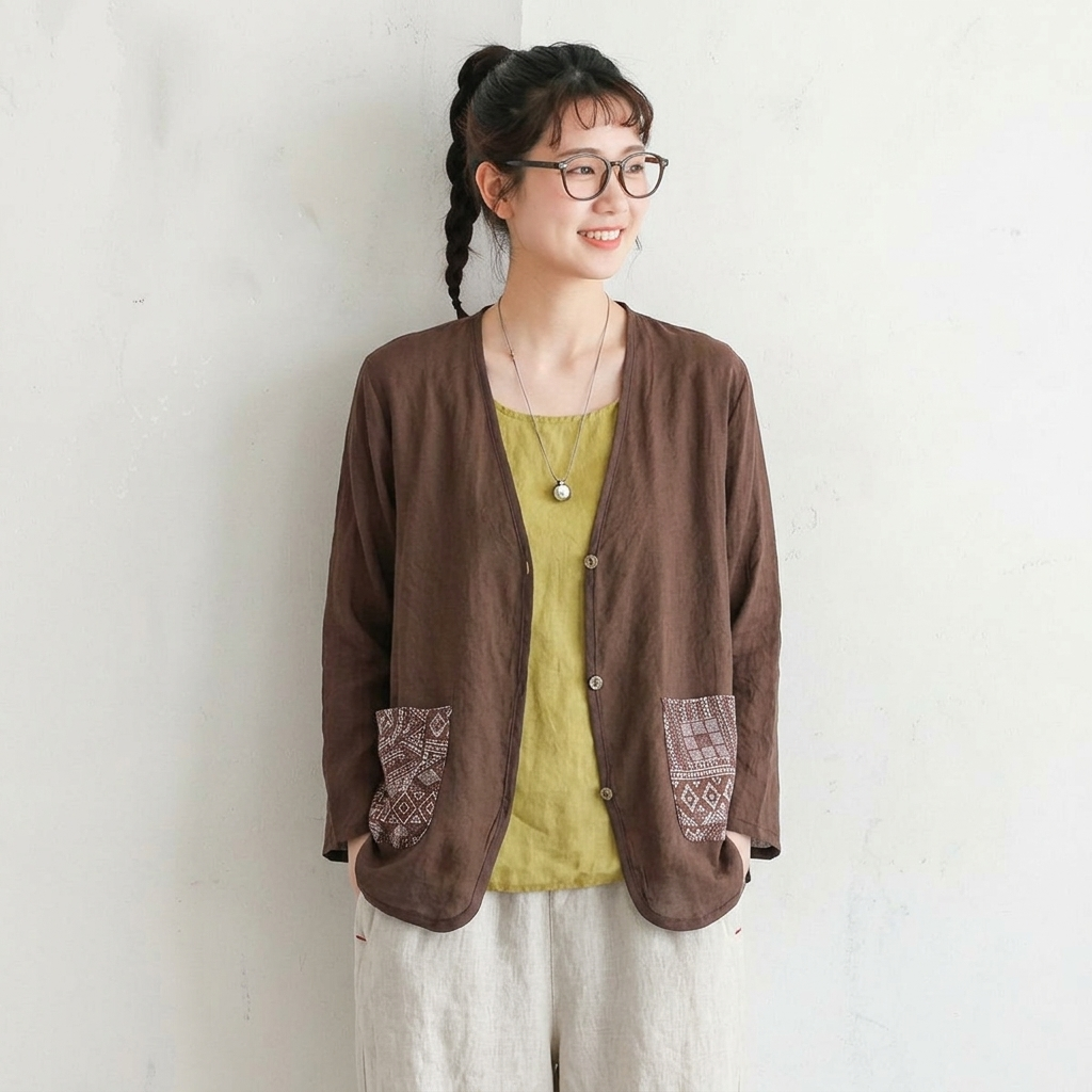 M-3XL 春夏向け UV 対策 薄手コットンリネンカーディガン 刺繍デザイン M アイボリー