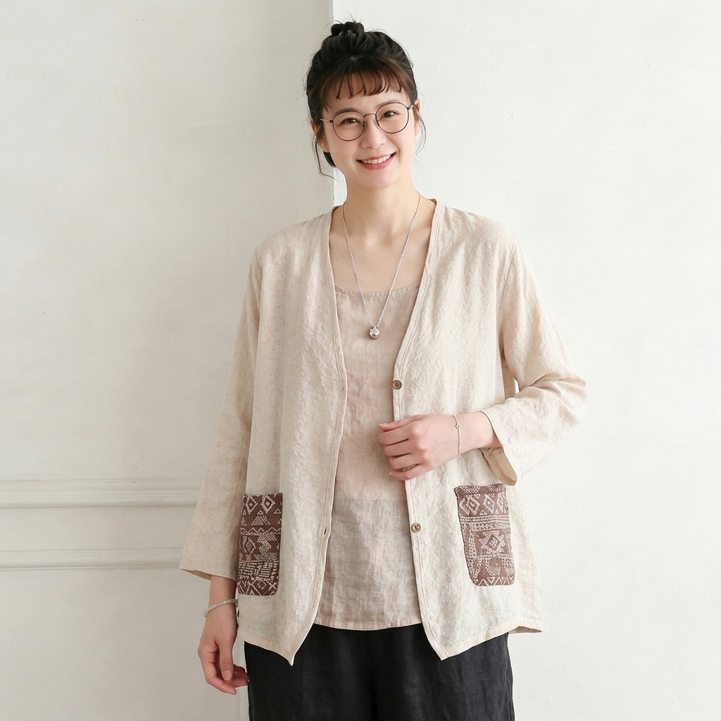 M-3XL 春夏向け UV 対策 薄手コットンリネンカーディガン 刺繍デザイン M アイボリー