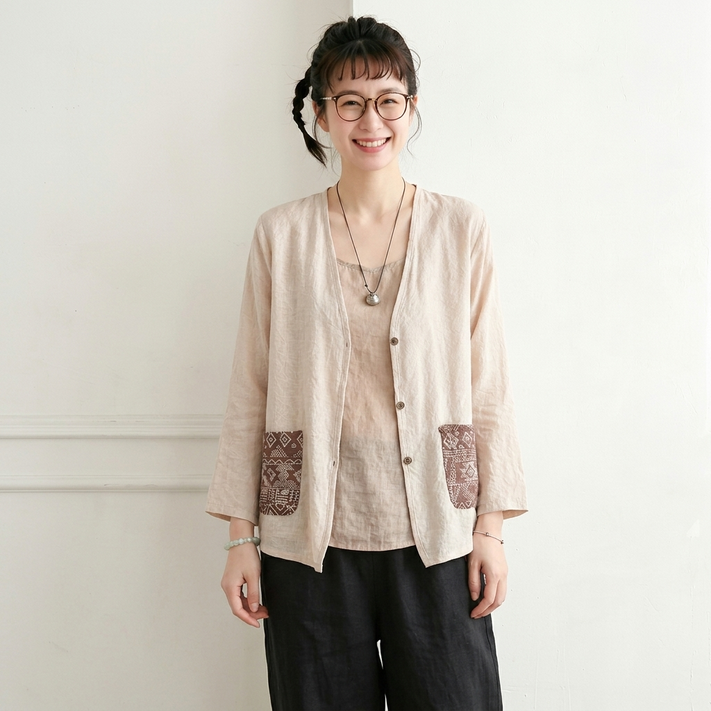 M-3XL 春夏向け UV 対策 薄手コットンリネンカーディガン 刺繍デザイン 3XL アイボリー