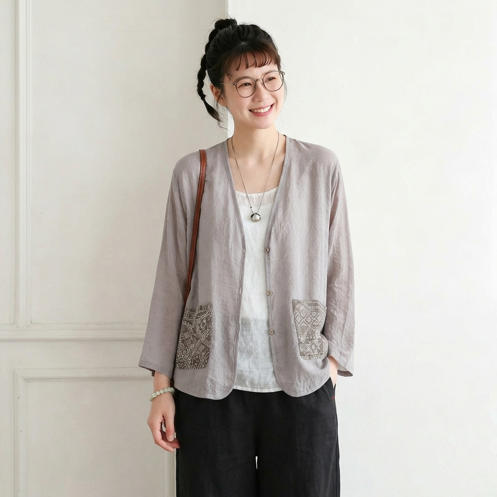 M-3XL 春夏向け UV 対策 薄手コットンリネンカーディガン 刺繍デザイン M アイボリー