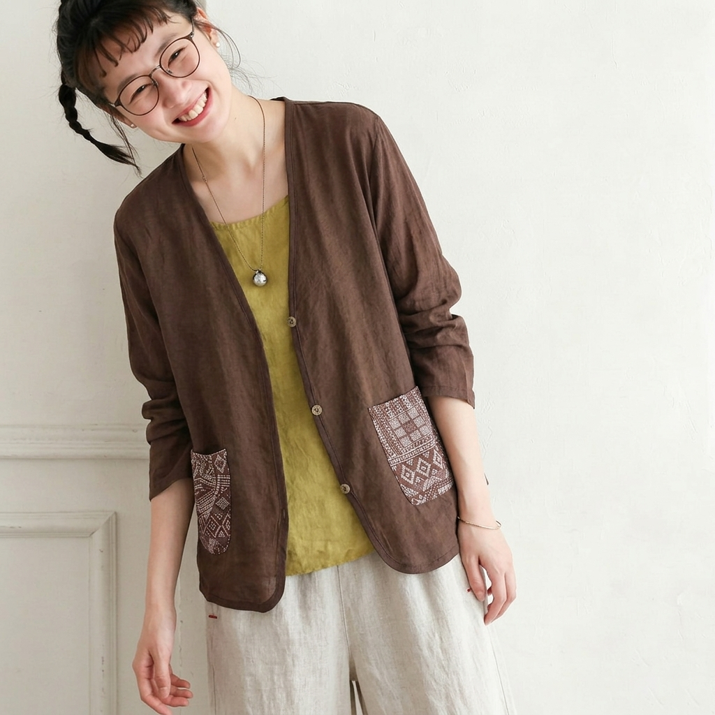 M-3XL 春夏向け UV 対策 薄手コットンリネンカーディガン 刺繍デザイン M アイボリー
