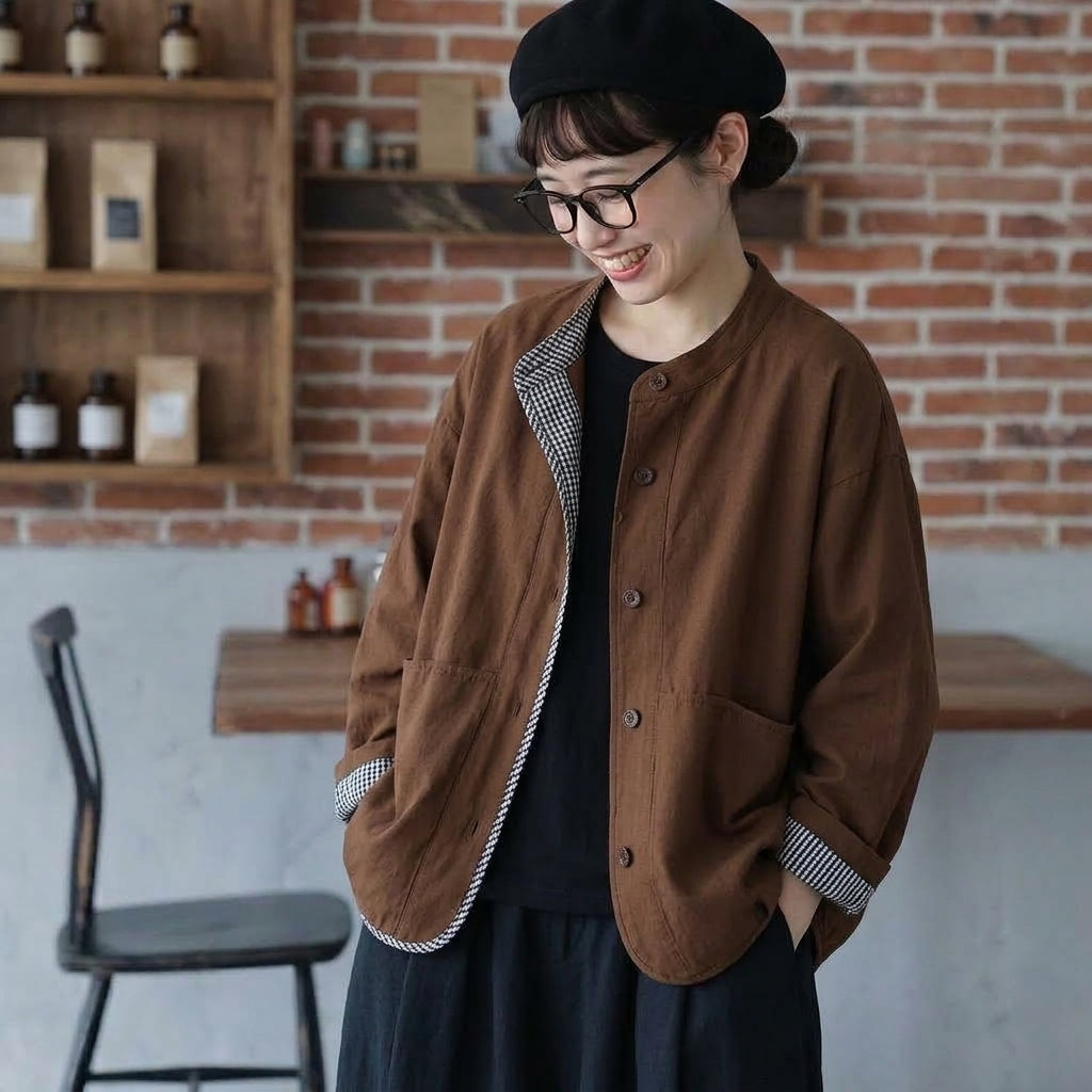 女性に大人気M-3XL スタンドカラー カジュアル 秋色 長袖 ジャケット 3XL ブラウン