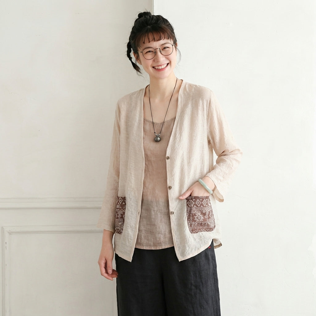 M-3XL 春夏向け UV 対策 薄手コットンリネンカーディガン 刺繍デザイン M アイボリー